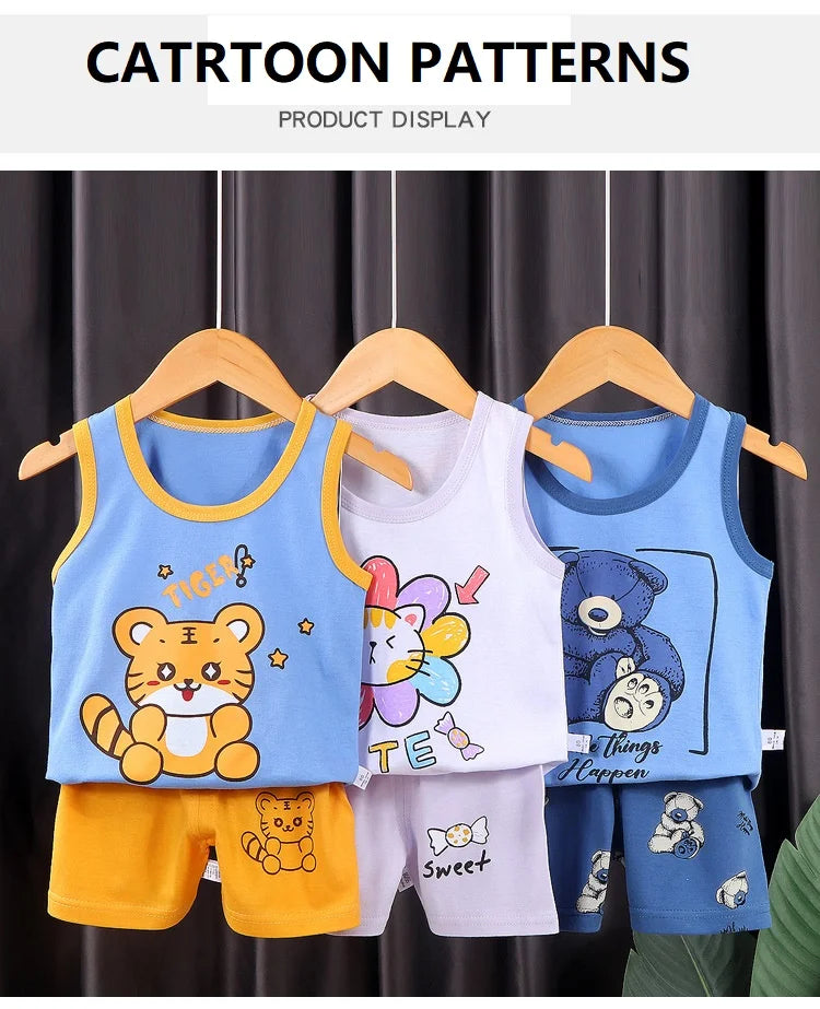 2PCS Baby & Kids Summer Outfit – Cotton Sleeveless T-Shirt + Shorts Set for Boys & Girls