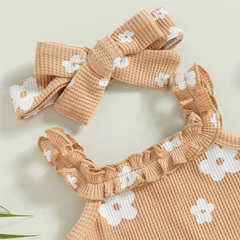 Baby Girl 3-Piece Summer Outfit – Floral Sleeveless Romper + Shorts + Headband (0–18 Months)