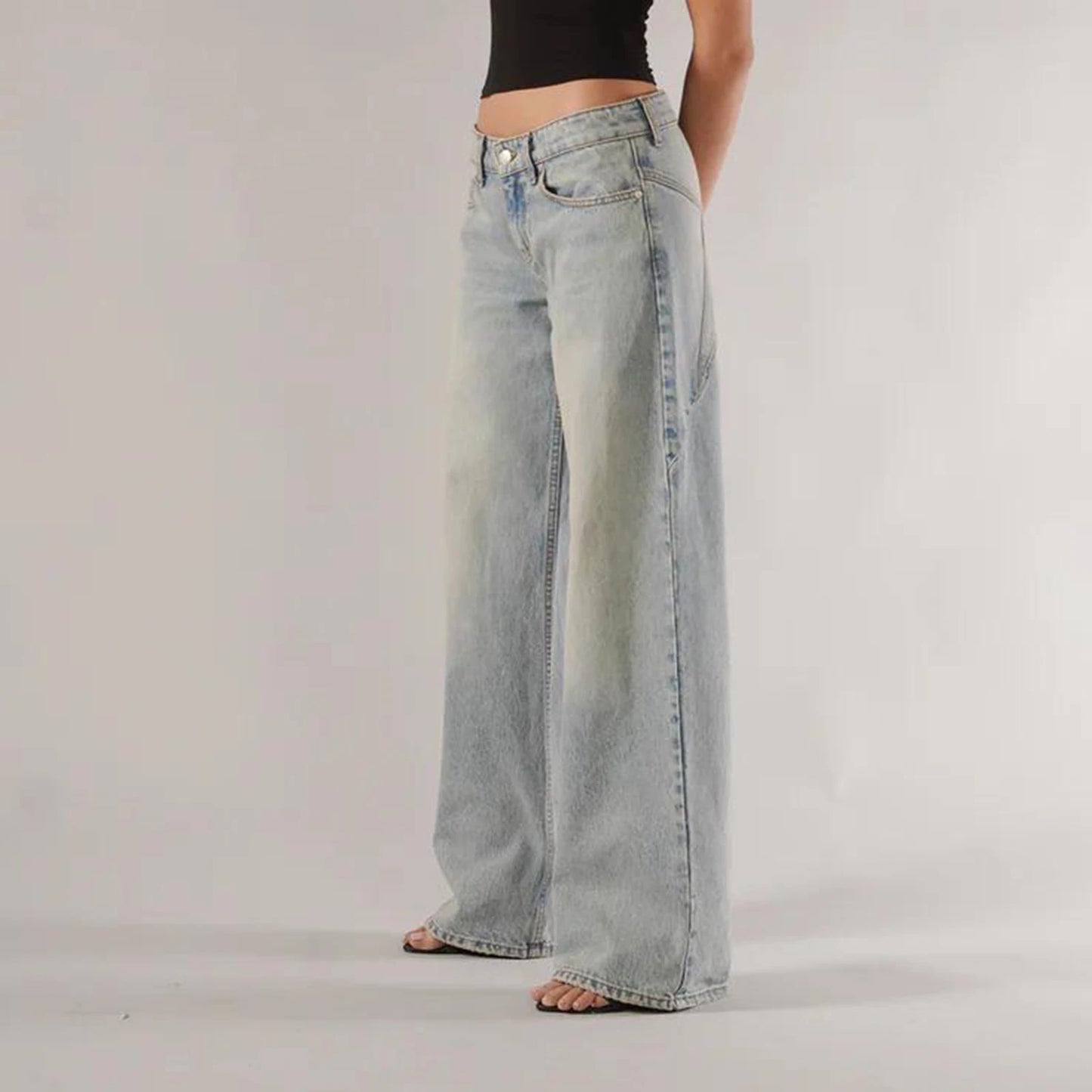 Women’s Y2K Vintage Gradient Jeans – Low Waist Wide-Leg Denim with Pockets