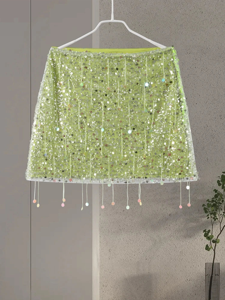 2025 Spring Summer Sexy Beach Tassel Skirt Set – Sequin Backless Sleeveless Ibiza Festival Outfit