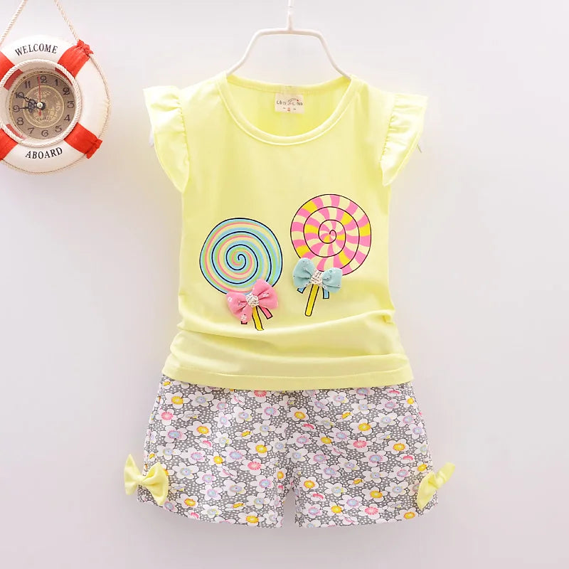 Baby Girl Summer Clothing Set – Lollipop Print T-Shirt & Shorts (Toddler Girls, Infant 1–5Y)