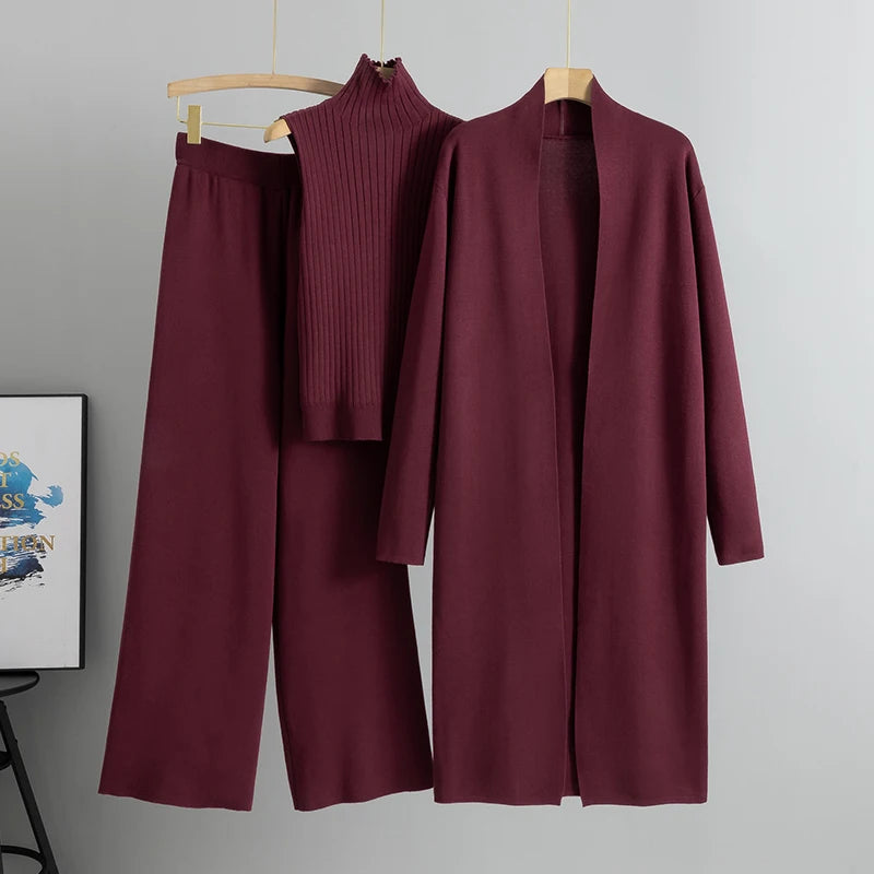 Spring Autumn Women’s 3-Piece Cardigan Tracksuit – Vintage-Inspired Knitted Sweater & Pants Set