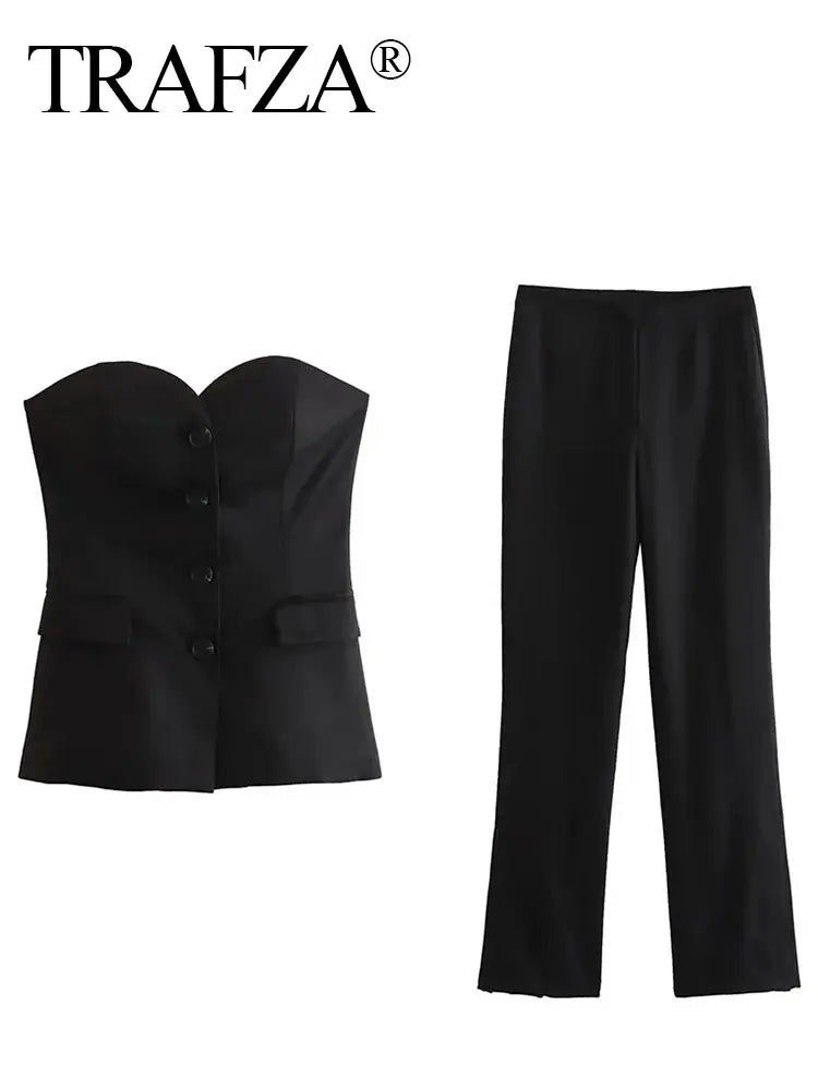 Elegant Women’s Strapless Pant Suit – Button-Up Top & Side-Slit Trousers