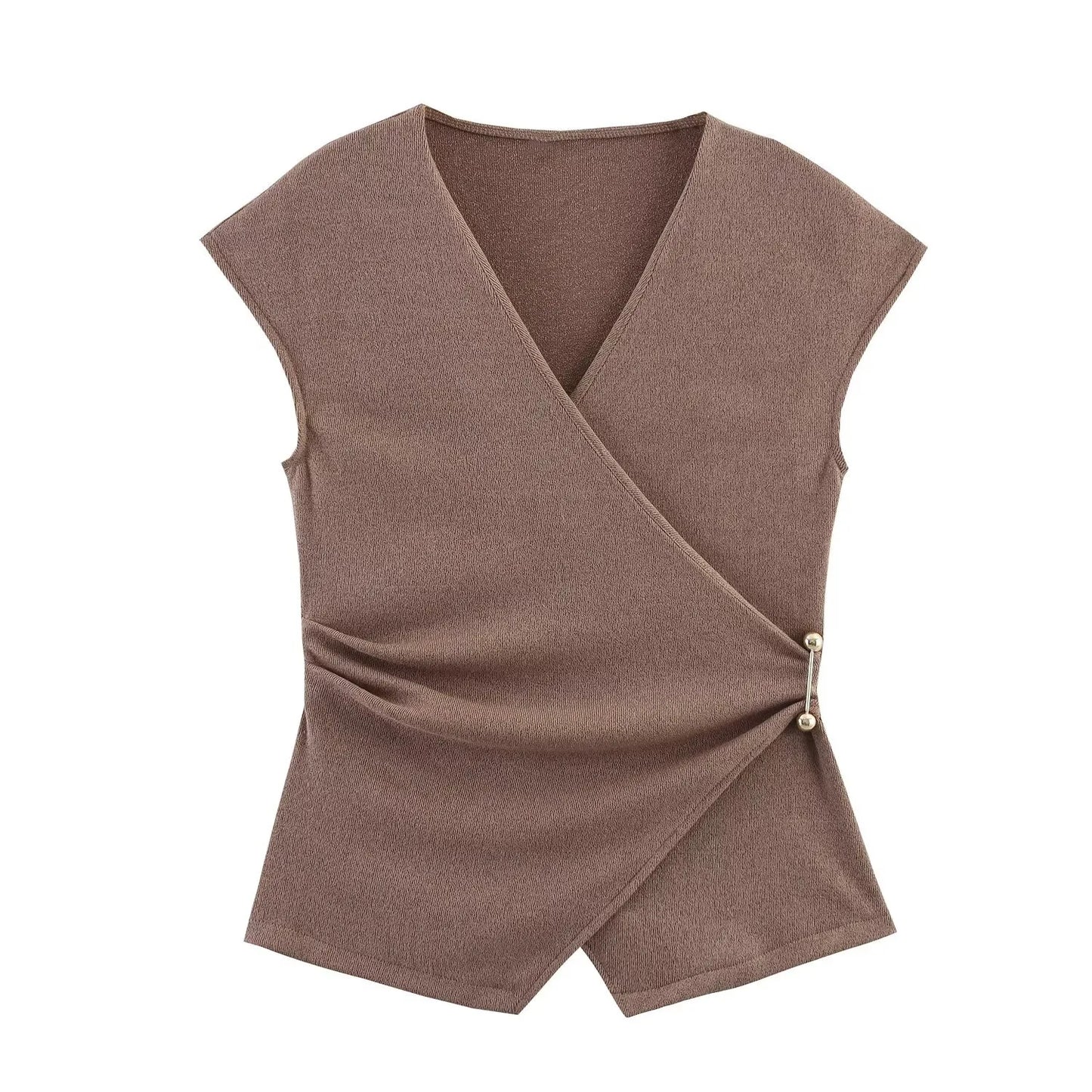 Summer New Women’s Two-Piece Set – Pin-Decorated Sleeveless Double-Breasted V-Neck Top & Mid-Waist Casual Pants