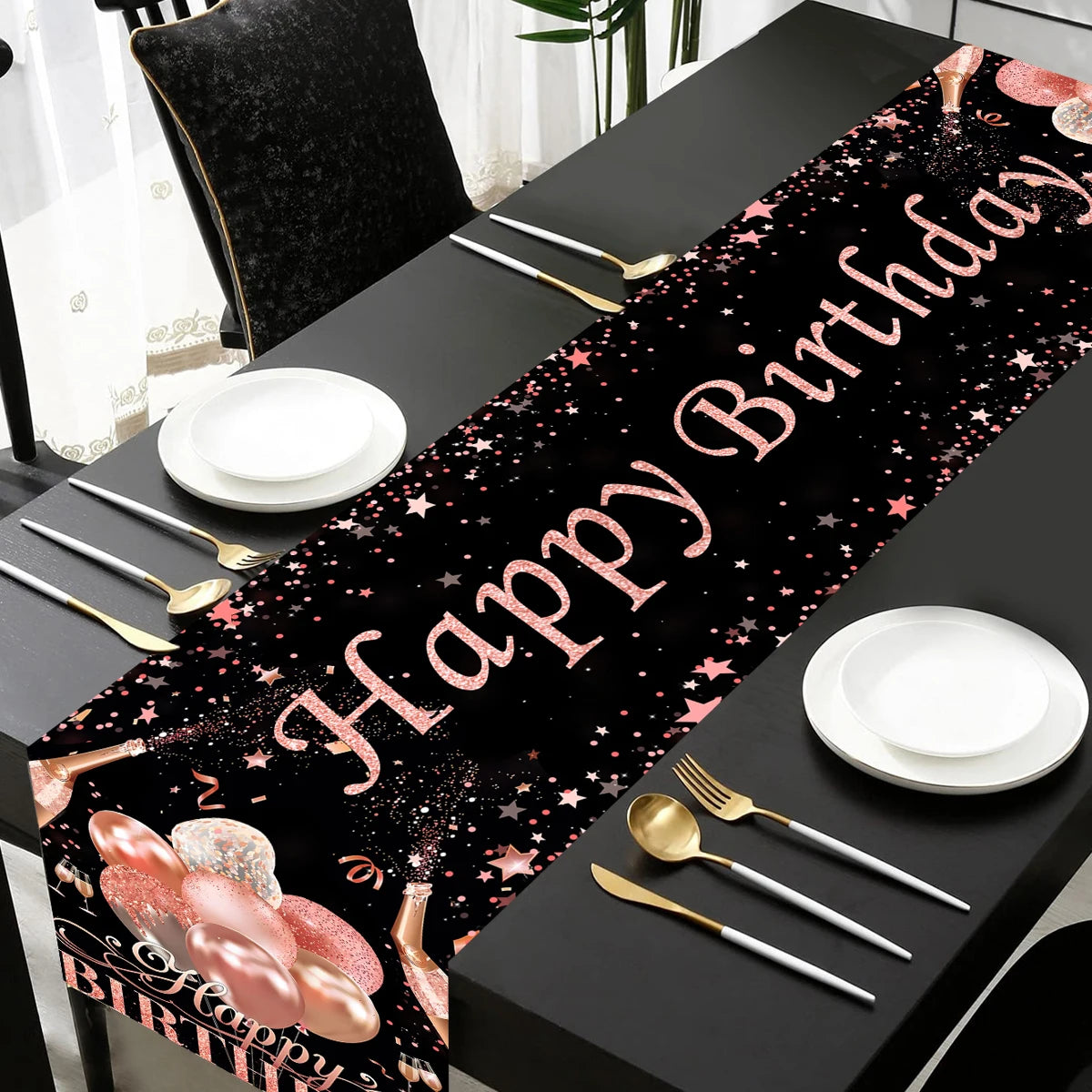 Black Gold Birthday Table Runner Table Cover Happy Birthday Party Decorations For Kids Adults Home 1st Bithday Table Decor