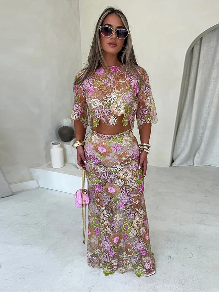 Sparkly Sequin Maxi Skirt Set – Lace Sheer Crop Top & Glitter Floral Pattern Long Skirt