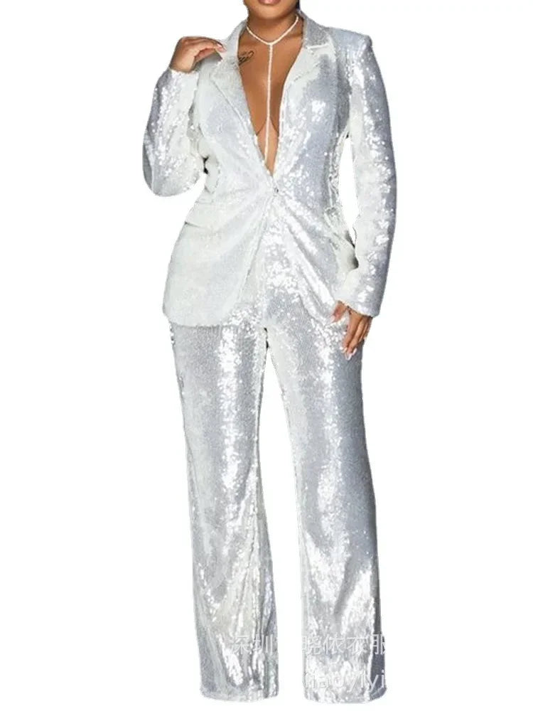 Women’s Two-Piece Sequin Blazer & Wide-Leg Pants Set – Slim Fit Casual Suit
