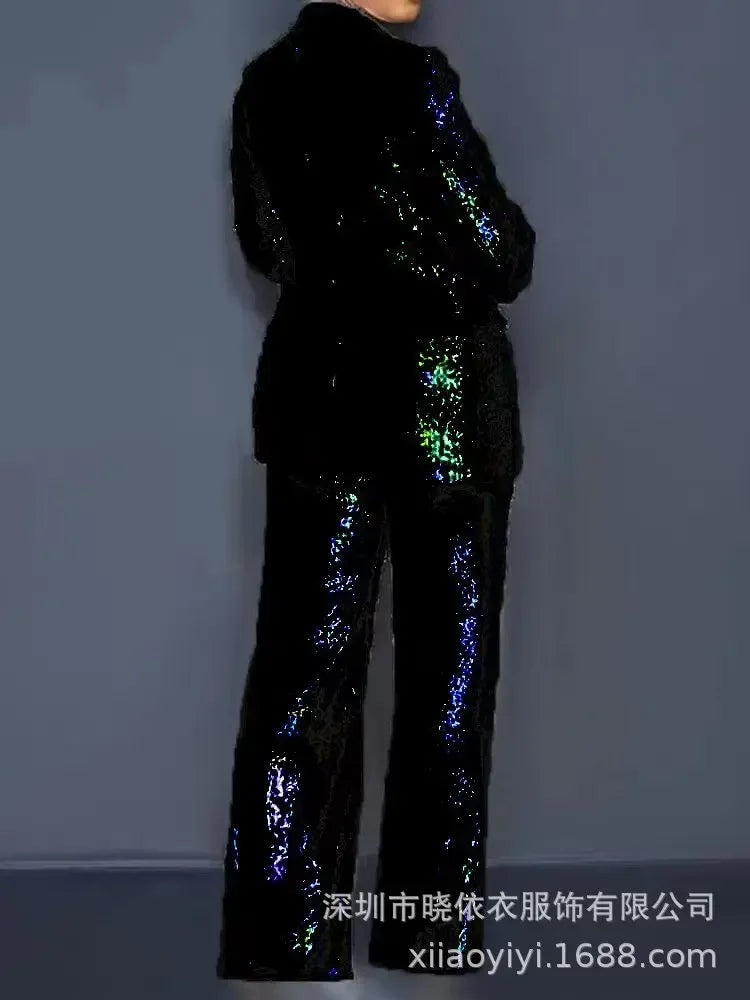 Women’s Two-Piece Sequin Blazer & Wide-Leg Pants Set – Slim Fit Casual Suit