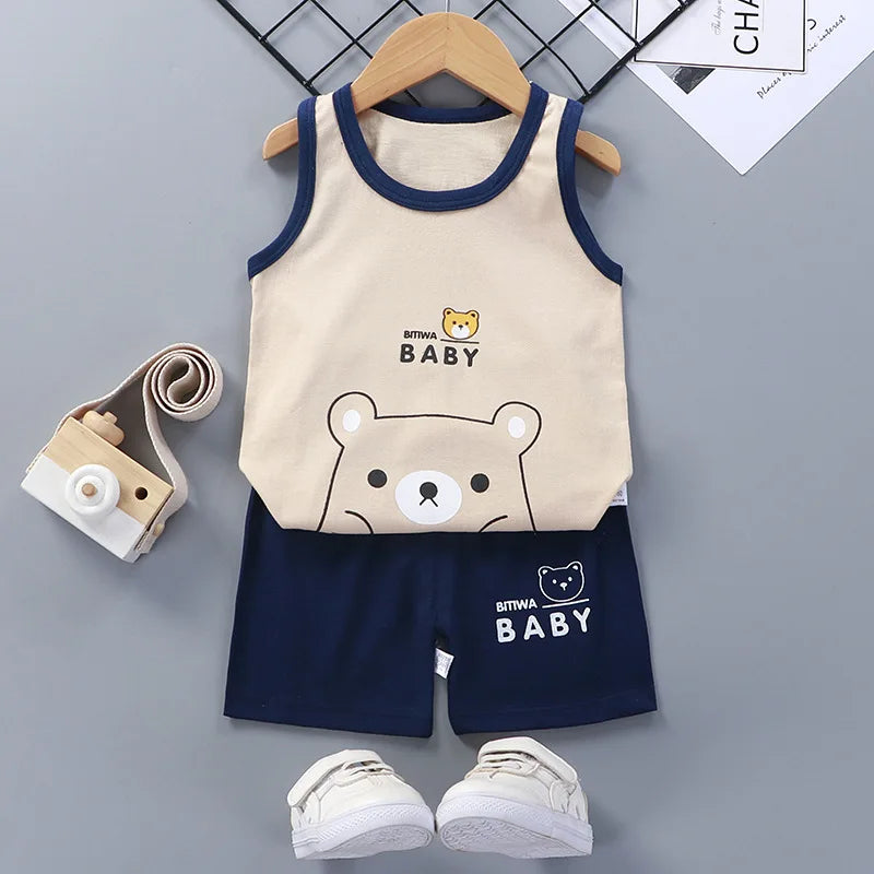2PCS Baby & Kids Summer Outfit – Cotton Sleeveless T-Shirt + Shorts Set for Boys & Girls