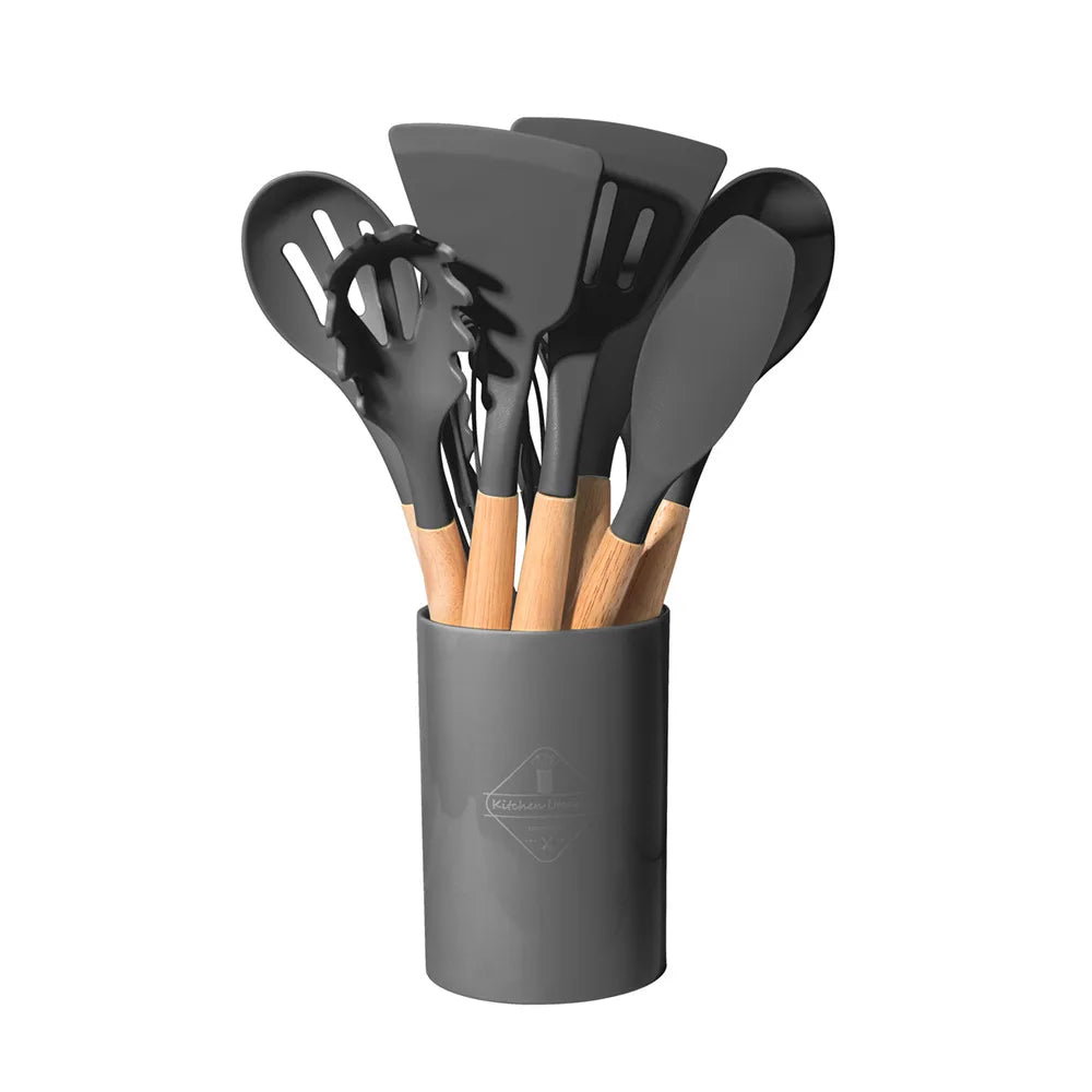 12 pcs Set of Multi-color Silicone Wooden Handle Kitchenware