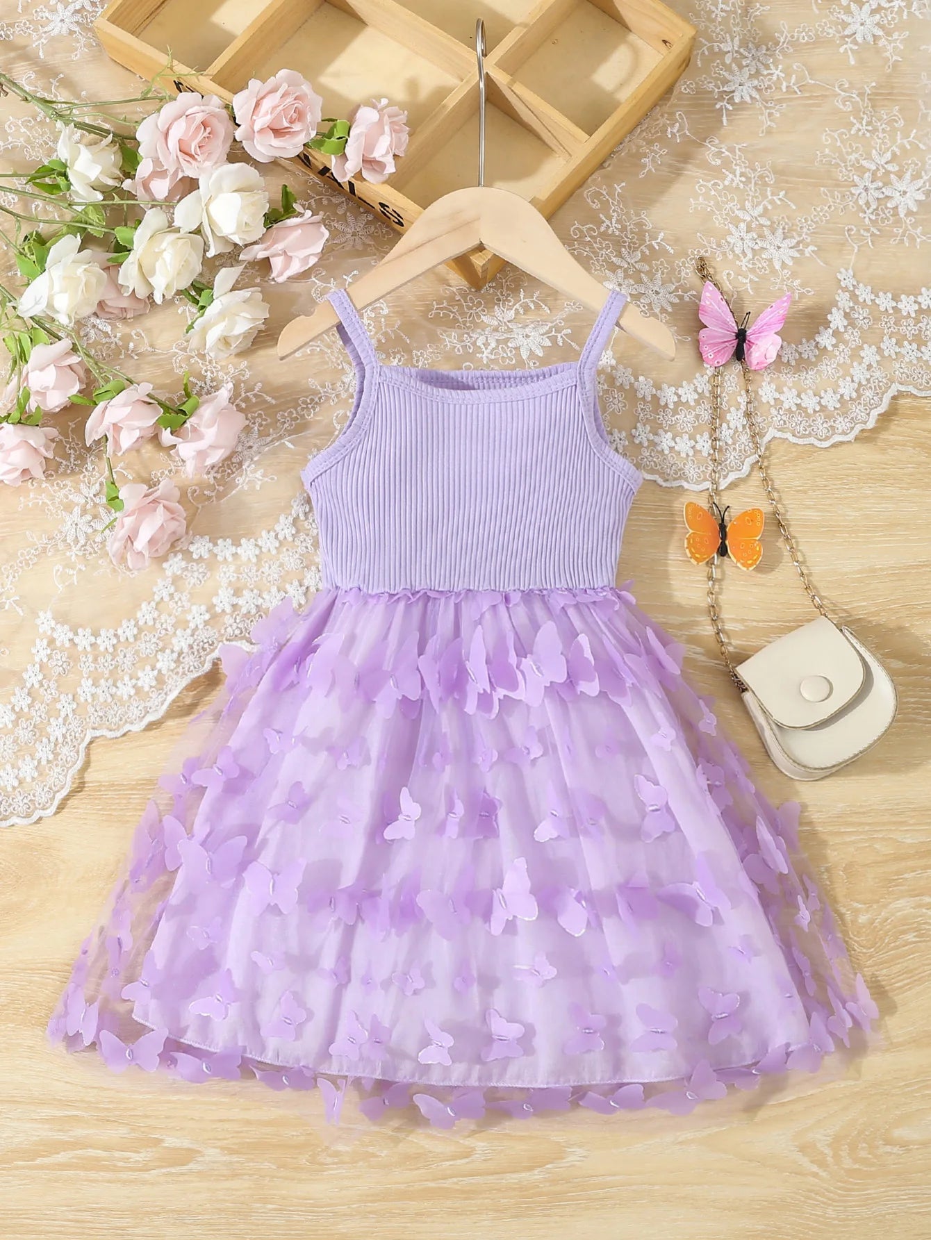 Summer Toddler & Kids Girl’s Butterfly Decor Mesh Splicing Cami Dress