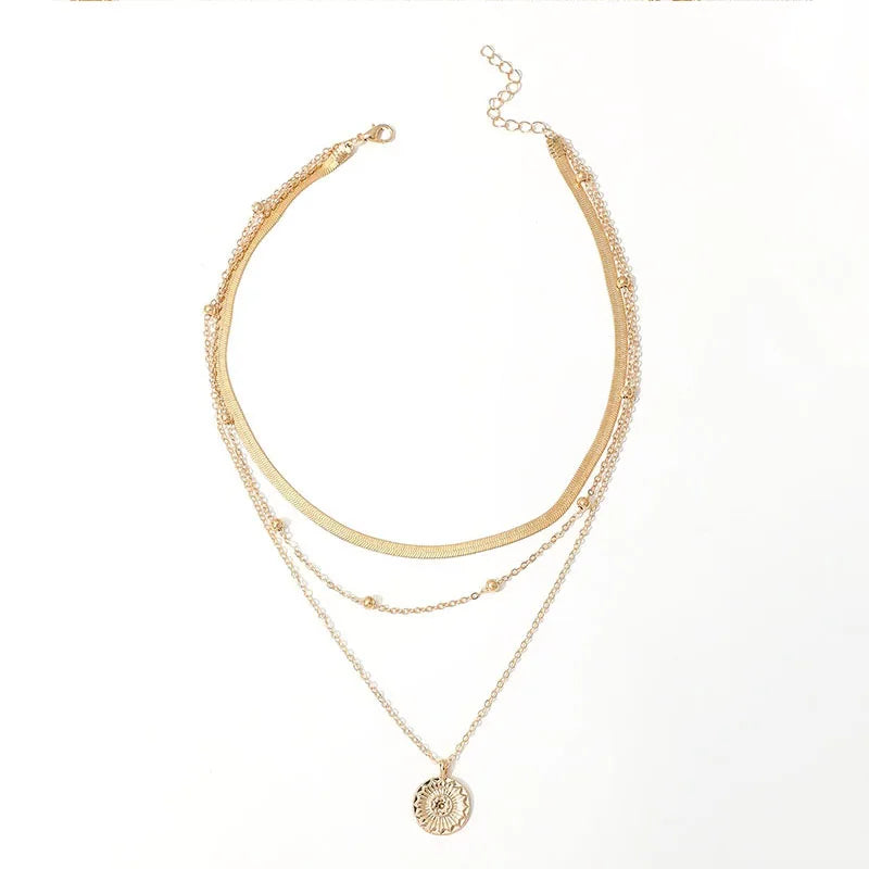 Fashion Flat Snake Chain Necklace with Three-Layer Coin Disc Pendants