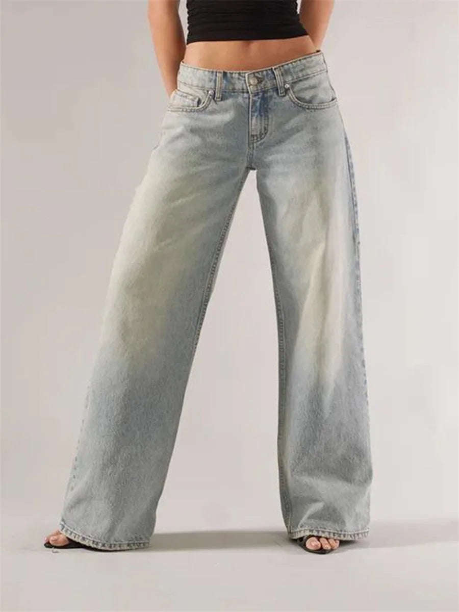 Women’s Y2K Vintage Gradient Jeans – Low Waist Wide-Leg Denim with Pockets