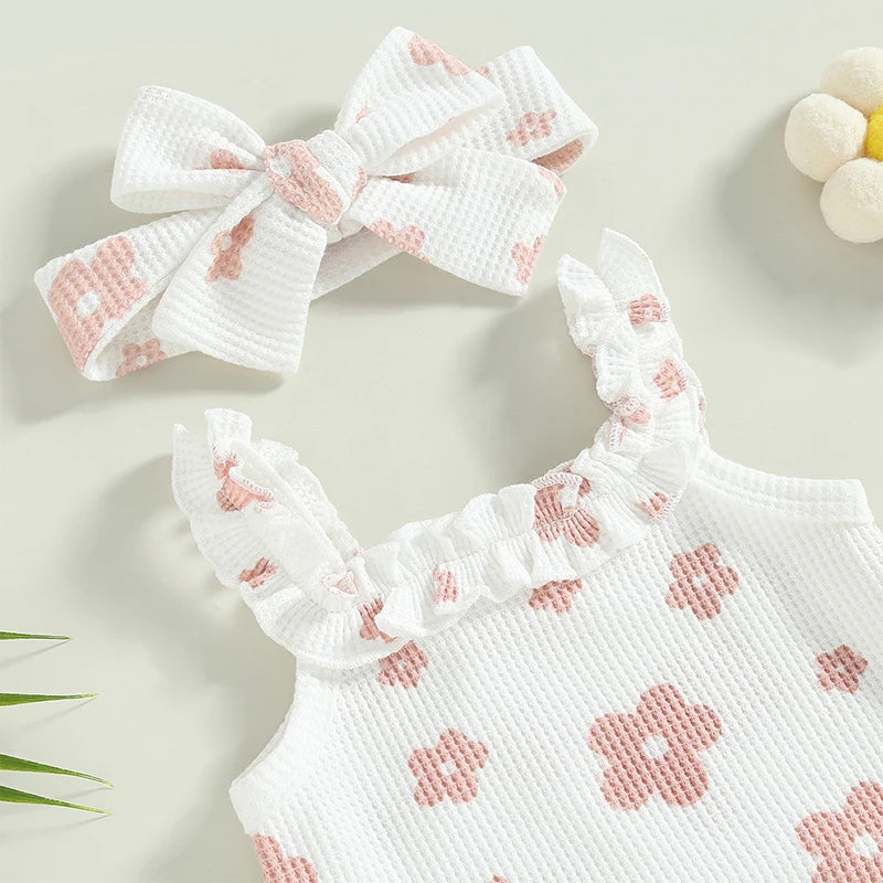 Baby Girl 3-Piece Summer Outfit – Floral Sleeveless Romper + Shorts + Headband (0–18 Months)