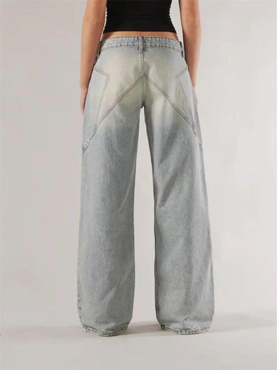 Women’s Y2K Vintage Gradient Jeans – Low Waist Wide-Leg Denim with Pockets