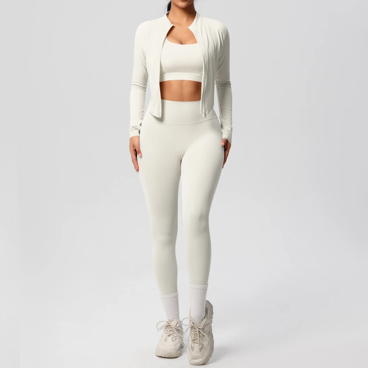 3-Piece Women's Sportswear Yoga Set – Zipper Jacket, Sports Bra & Leggings