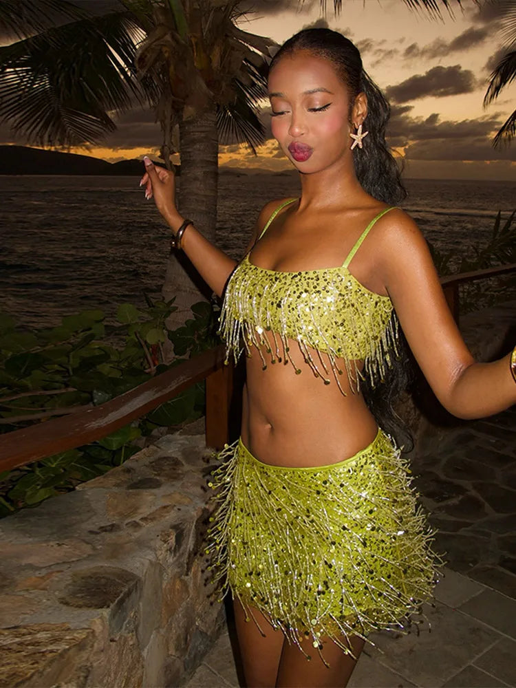 2025 Spring Summer Sexy Beach Tassel Skirt Set – Sequin Backless Sleeveless Ibiza Festival Outfit