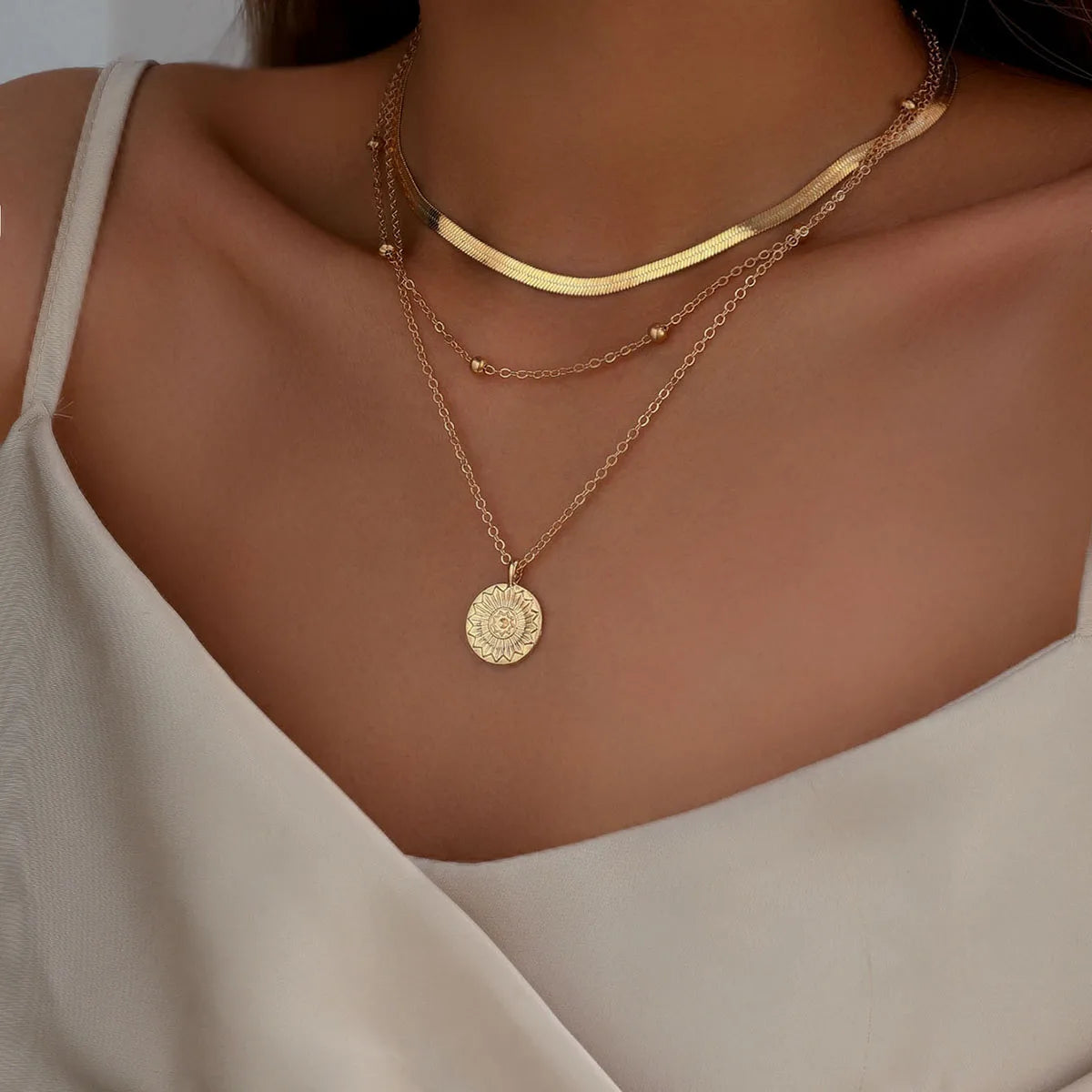 Fashion Flat Snake Chain Necklace with Three-Layer Coin Disc Pendants