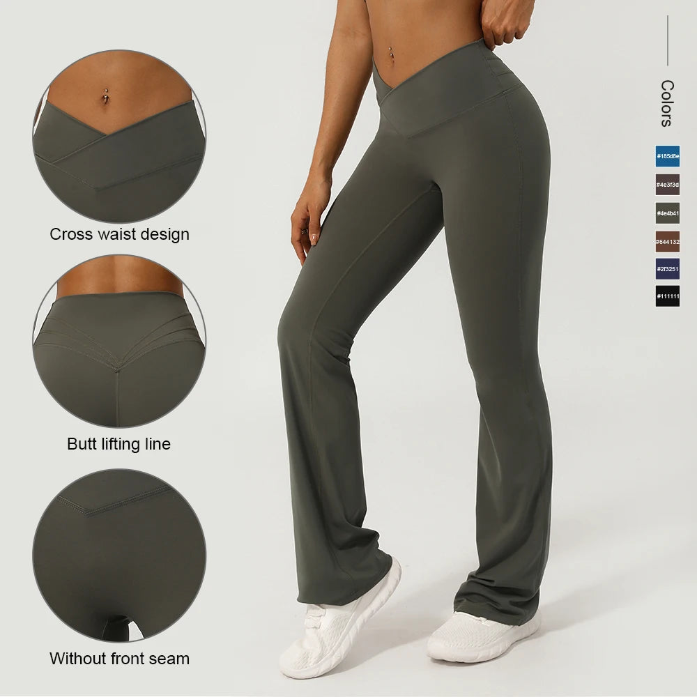 Flare Yoga Pants with Cross Waist – Booty-Lifting, Wide-Leg Activewear Leggings for Workout & Everyday Wear