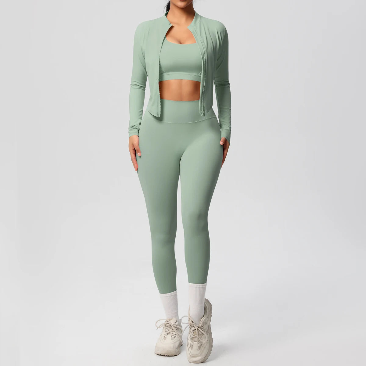 3-Piece Women's Sportswear Yoga Set – Zipper Jacket, Sports Bra & Leggings