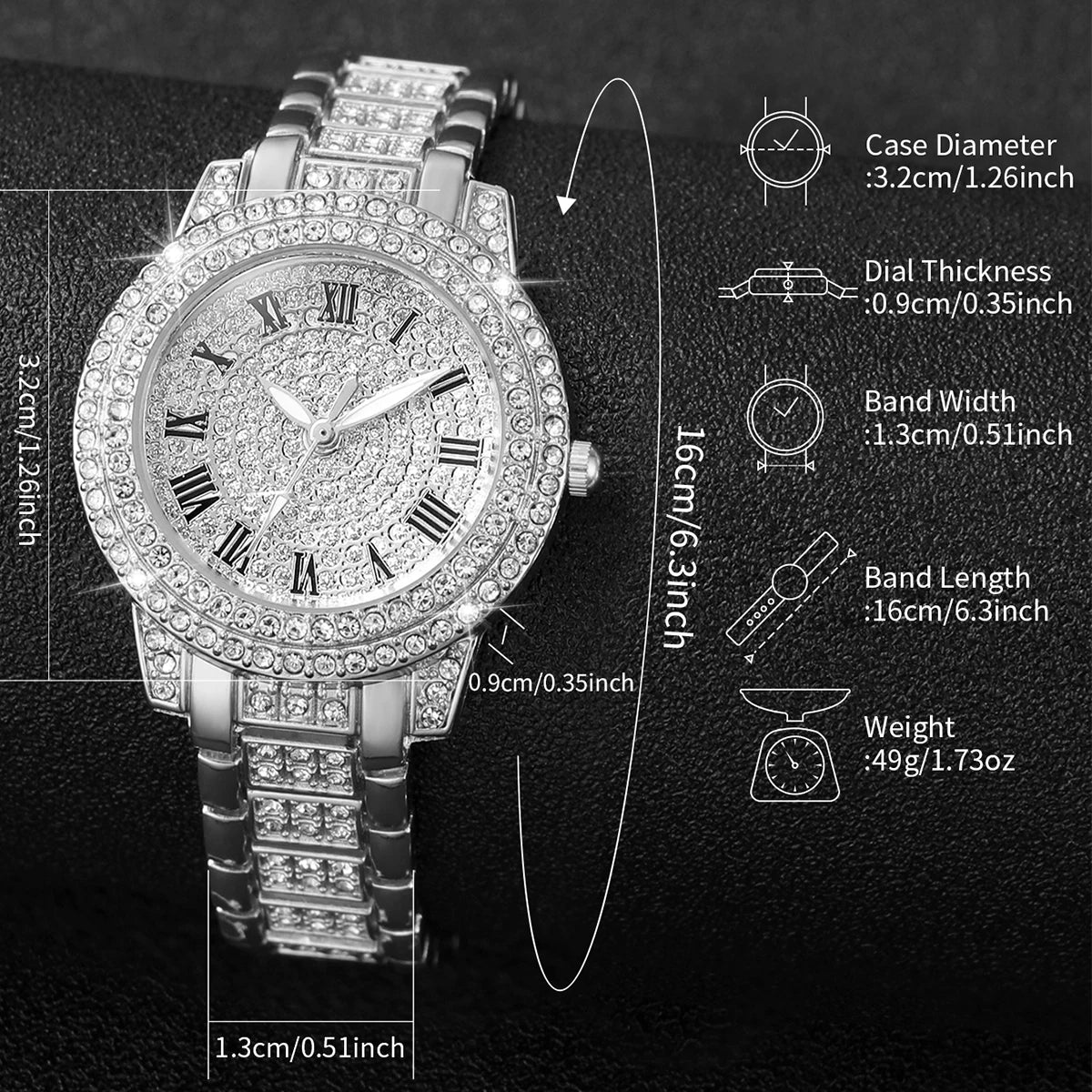 2pcs/set Women’s Stainless Steel Band Diamond Quartz Watch & Bracelet Set