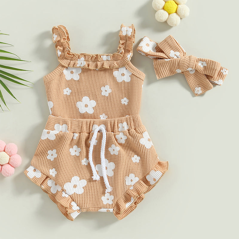 Baby Girl 3-Piece Summer Outfit – Floral Sleeveless Romper + Shorts + Headband (0–18 Months)