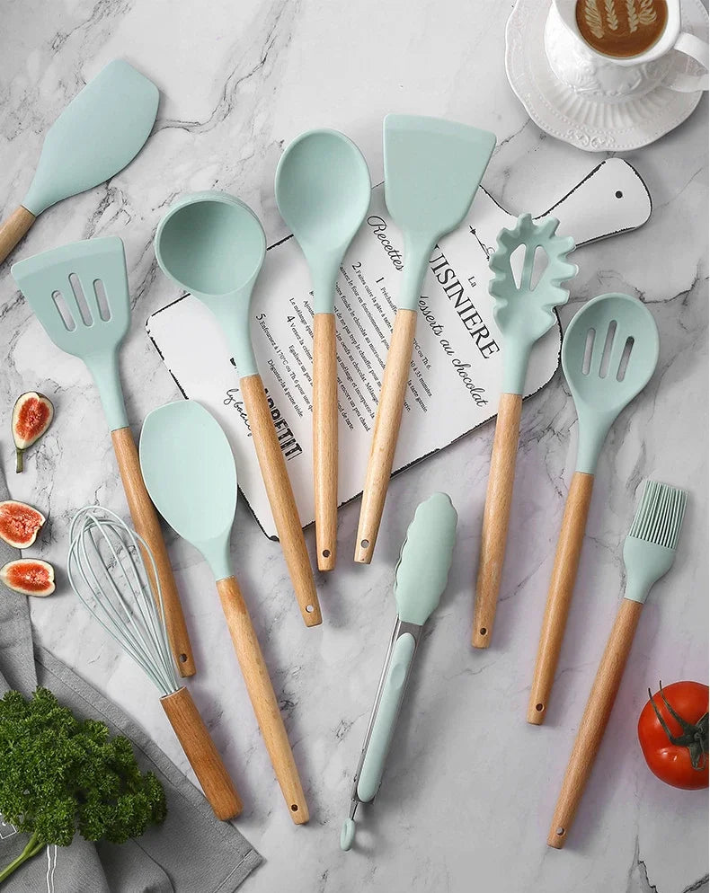 12 pcs Set of Multi-color Silicone Wooden Handle Kitchenware