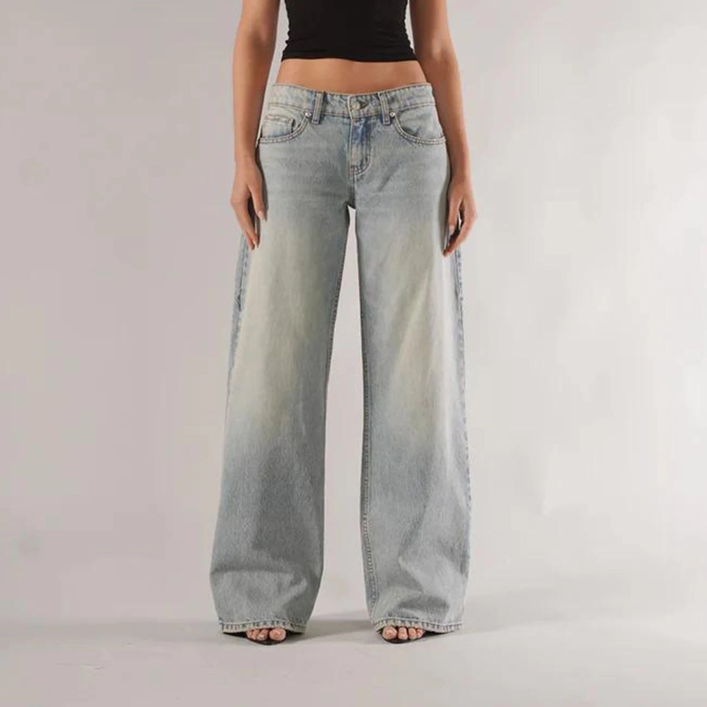 Women’s Y2K Vintage Gradient Jeans – Low Waist Wide-Leg Denim with Pockets