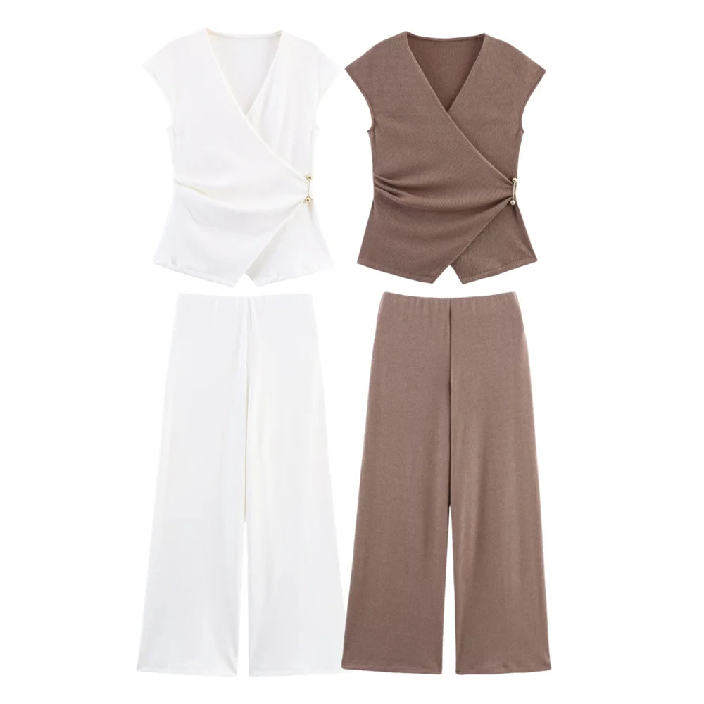 Summer New Women’s Two-Piece Set – Pin-Decorated Sleeveless Double-Breasted V-Neck Top & Mid-Waist Casual Pants