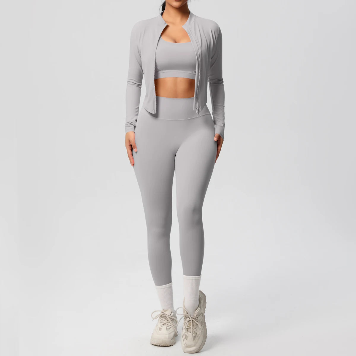 3-Piece Women's Sportswear Yoga Set – Zipper Jacket, Sports Bra & Leggings