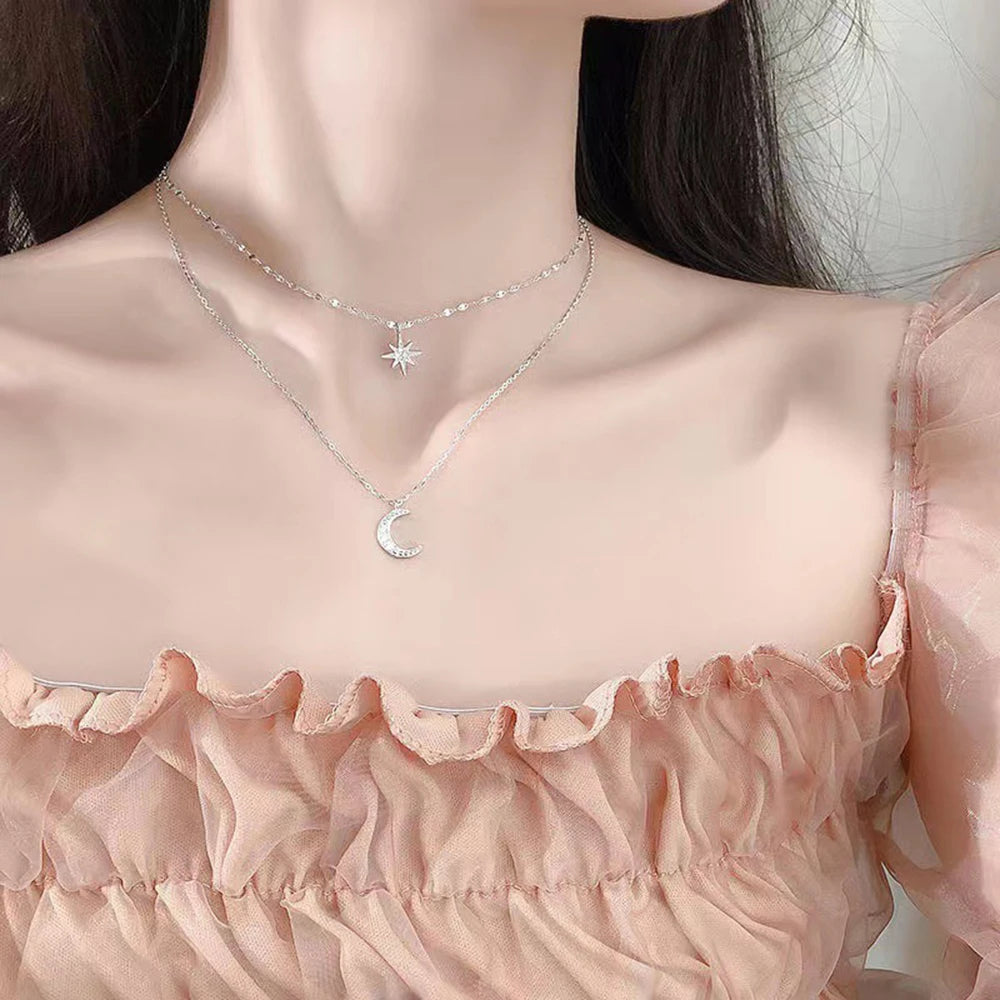 SUMENG 2025 Double Layer Star & Moon Necklace