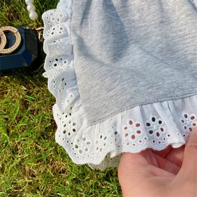 Baby Girl Summer Lace Patchwork Outfit – 2-Piece Floral Top & Shorts Set (Casual Tracksuit)