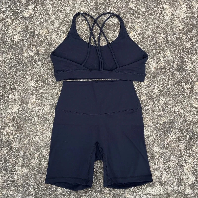 2-Piece Solid Color Gym & Yoga Set – Cross-Back Sports Bra + Biker Shorts