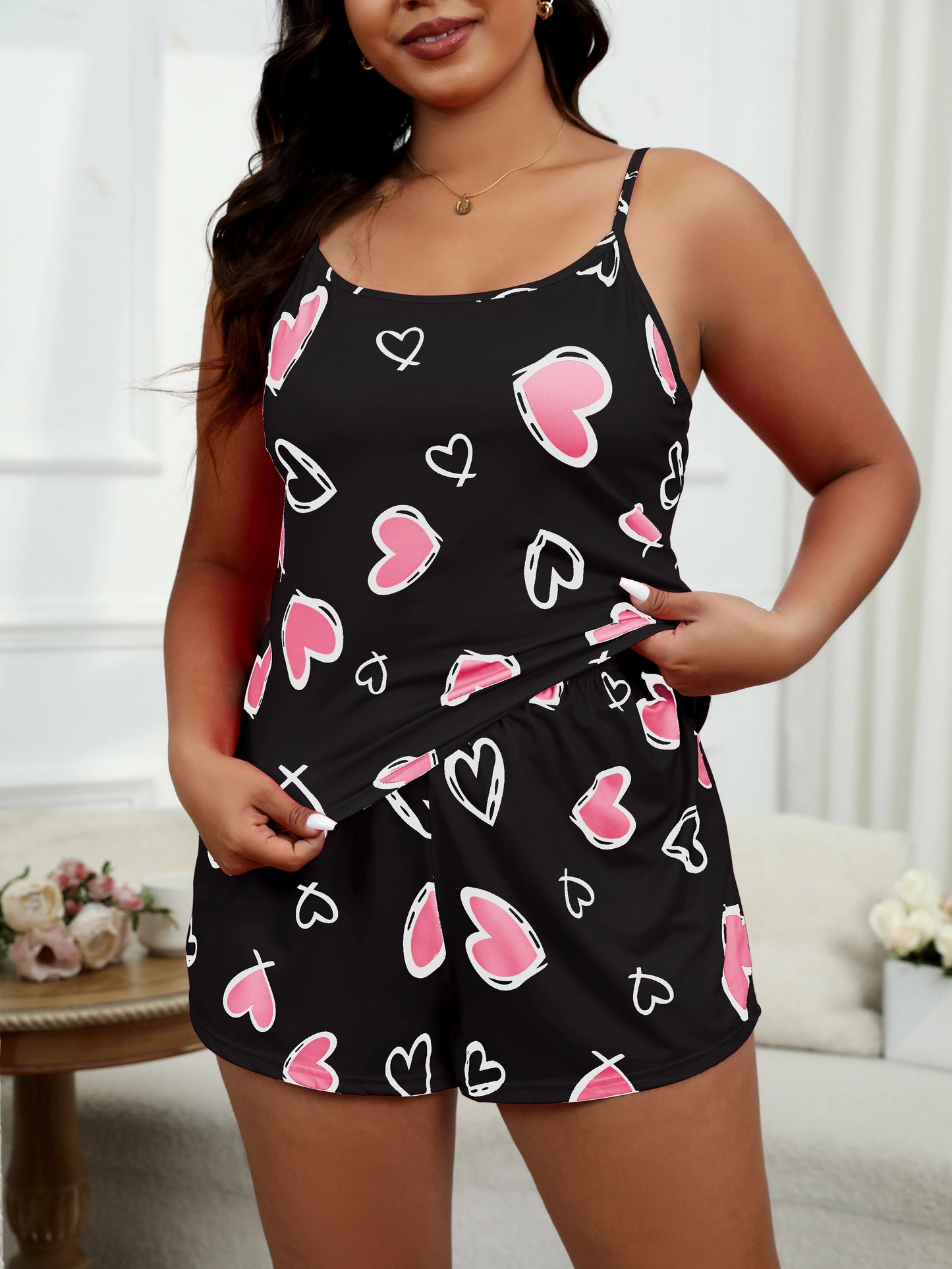 Plus Size Heart Print Cami & Shorts Pajama Set