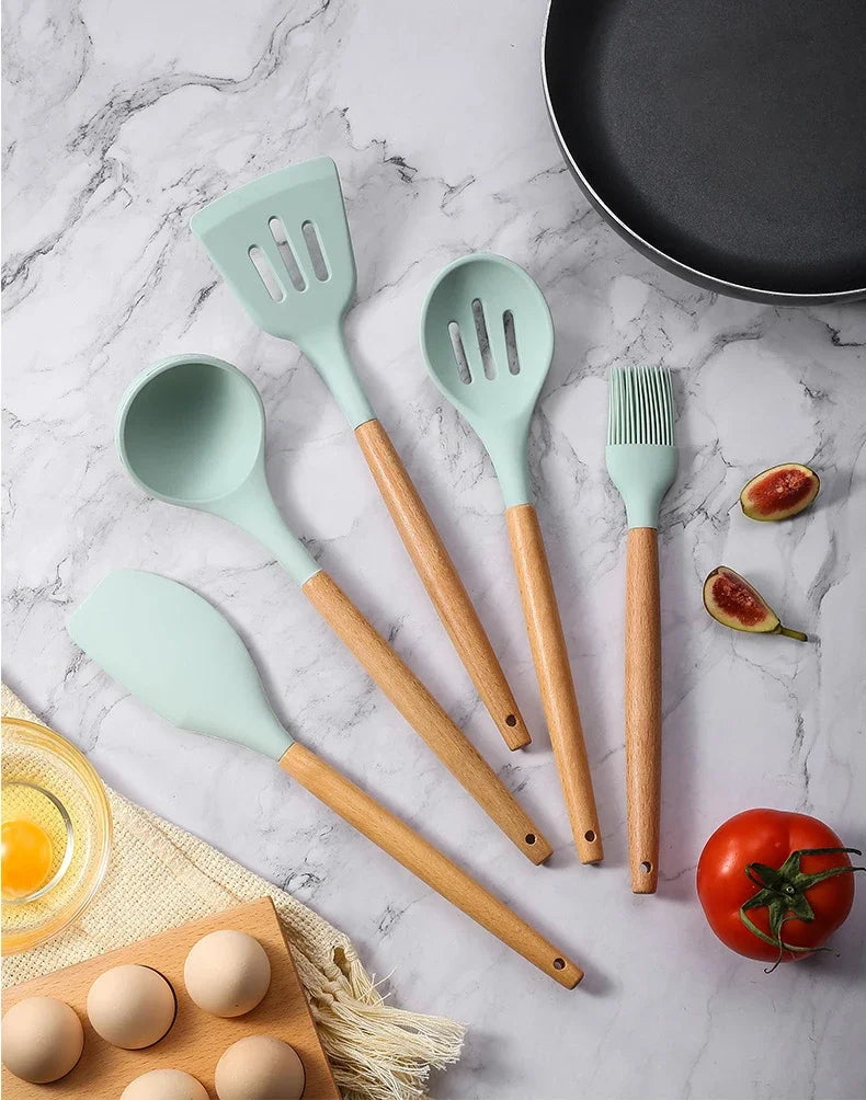 12 pcs Set of Multi-color Silicone Wooden Handle Kitchenware