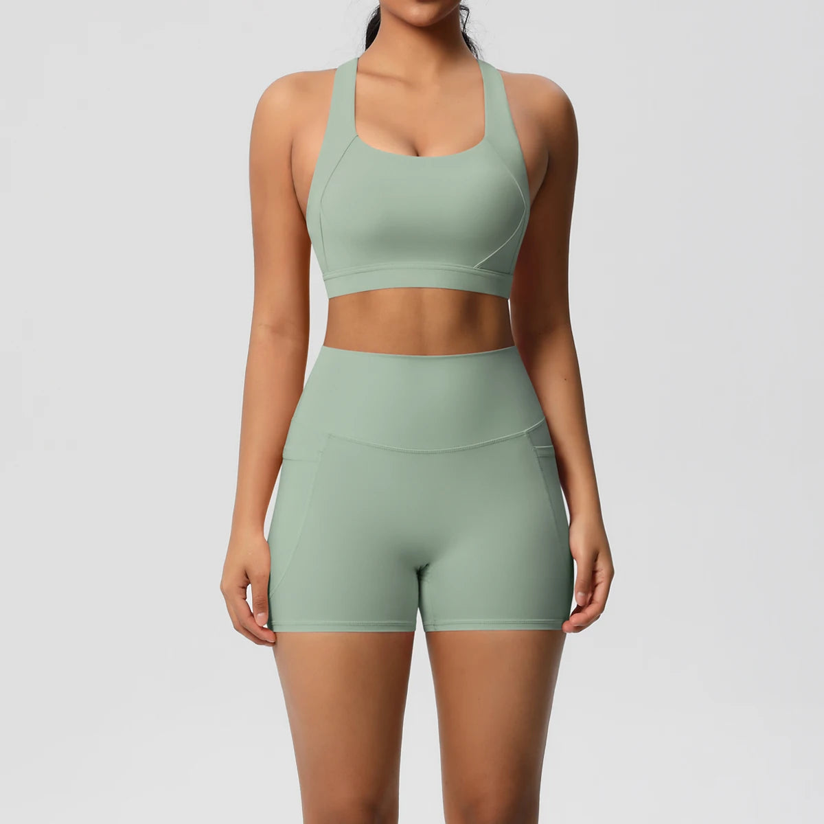 2PCS Women’s Yoga Set with Pockets – Crossover Bra & Sports Shorts / Leggings Gym Outfit