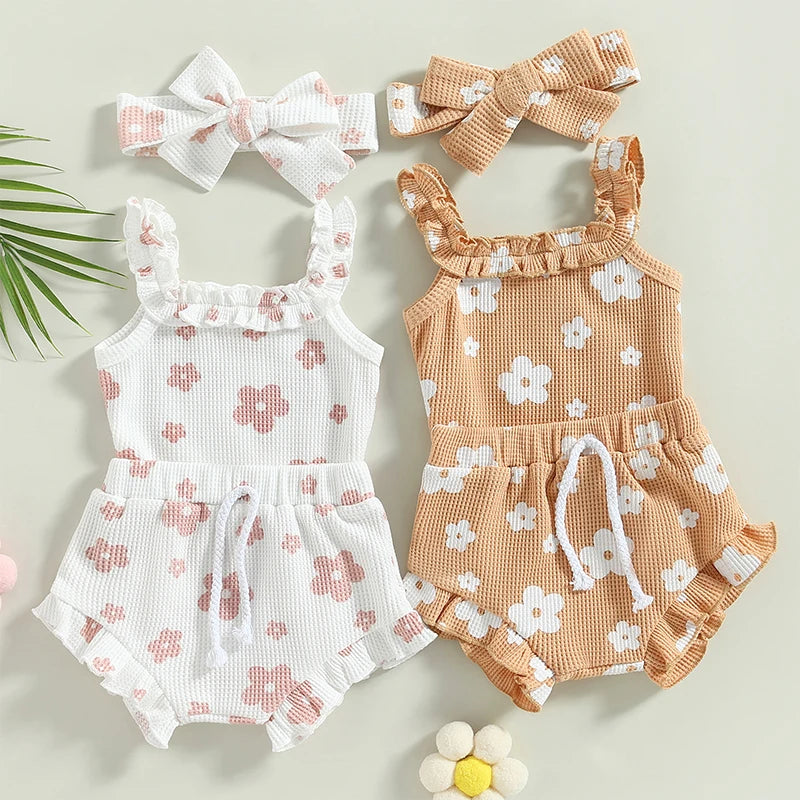Baby Girl 3-Piece Summer Outfit – Floral Sleeveless Romper + Shorts + Headband (0–18 Months)