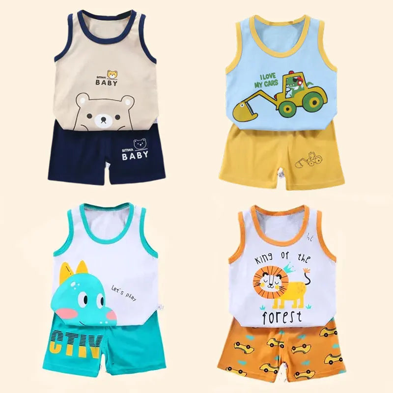 2PCS Baby & Kids Summer Outfit – Cotton Sleeveless T-Shirt + Shorts Set for Boys & Girls
