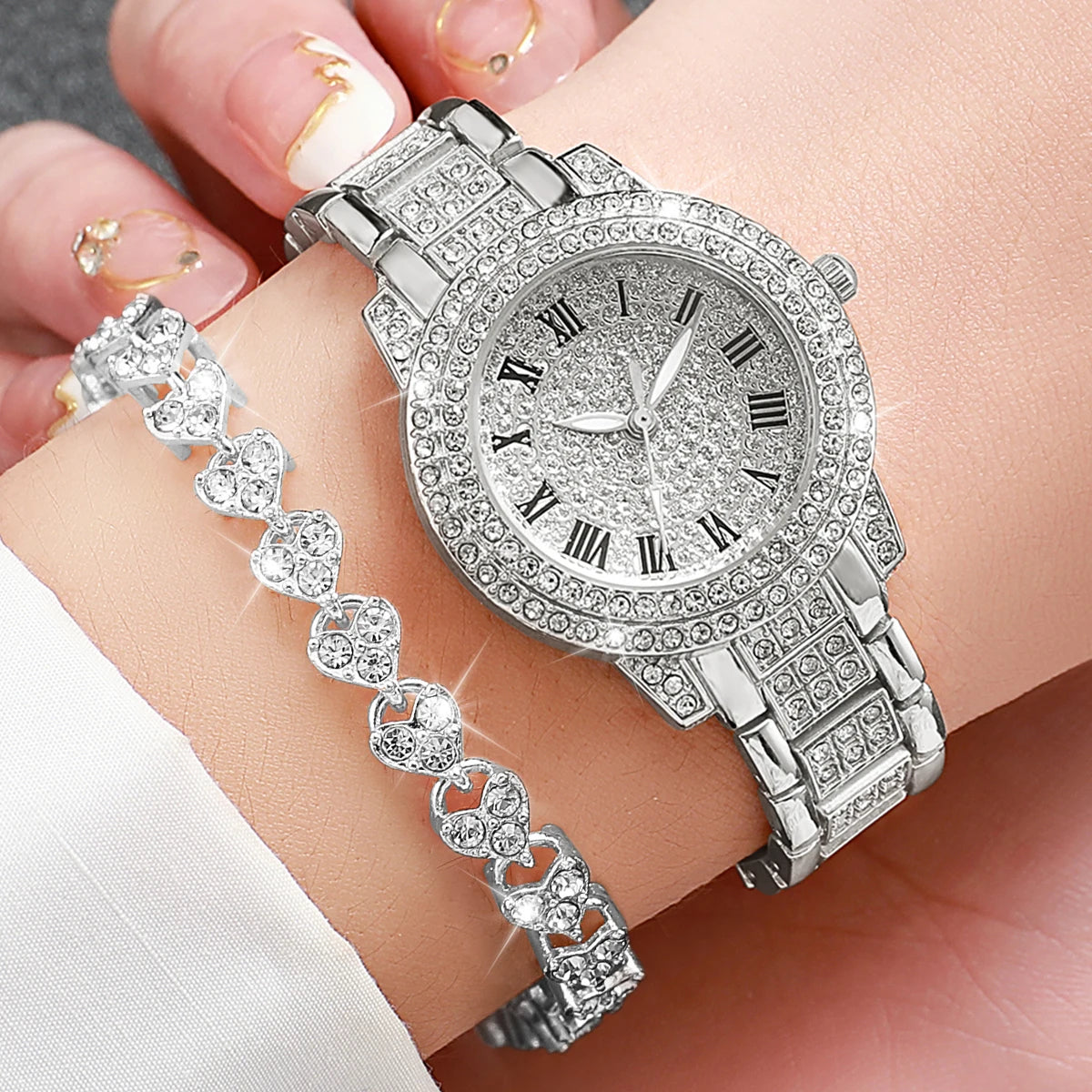 2pcs/set Women’s Stainless Steel Band Diamond Quartz Watch & Bracelet Set