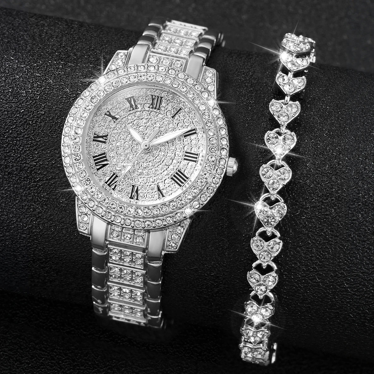 2pcs/set Women’s Stainless Steel Band Diamond Quartz Watch & Bracelet Set
