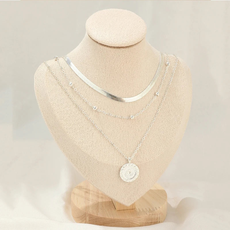 Fashion Flat Snake Chain Necklace with Three-Layer Coin Disc Pendants