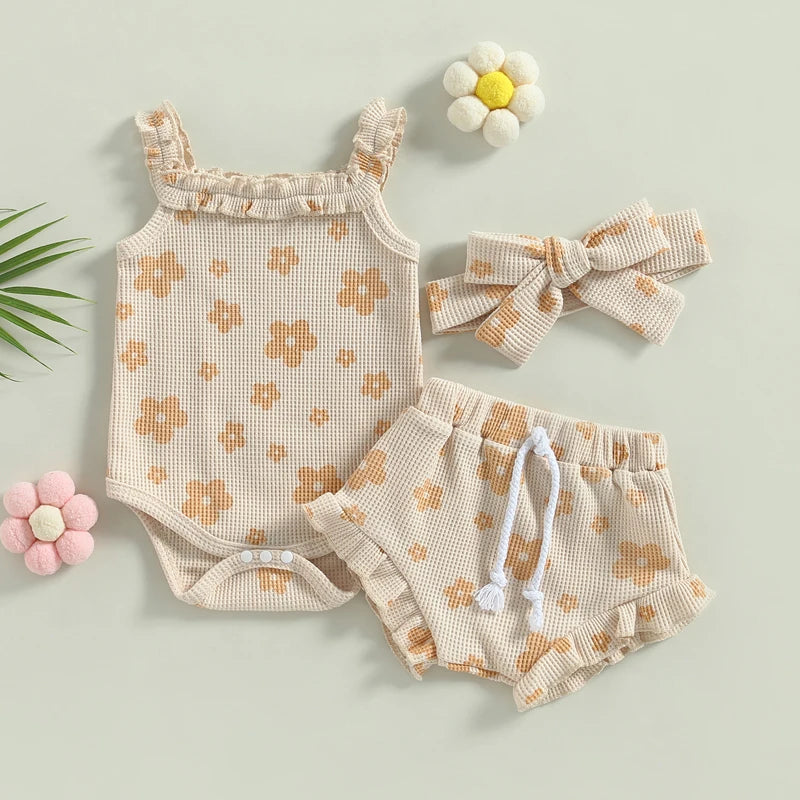 Baby Girl 3-Piece Summer Outfit – Floral Sleeveless Romper + Shorts + Headband (0–18 Months)
