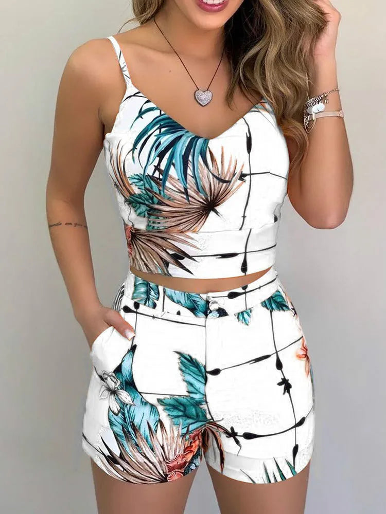 Women’s Summer Two-Piece Set – Sleeveless Floral Vest & Short Pants