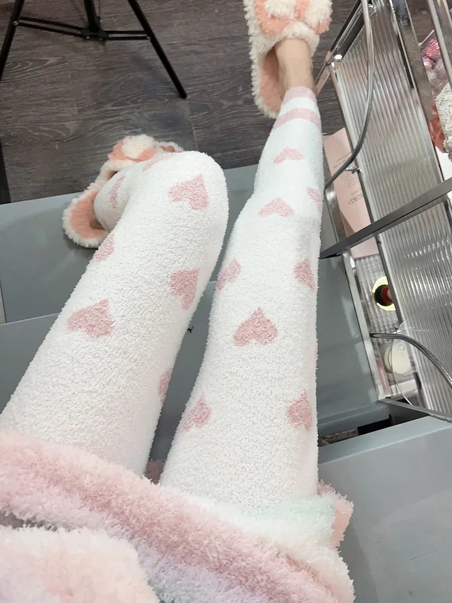 Heart Print Soft High Waist Coral Fleece Sleep Bottoms