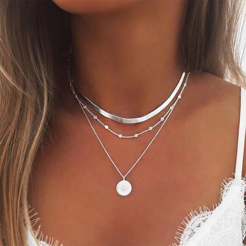 Fashion Flat Snake Chain Necklace with Three-Layer Coin Disc Pendants