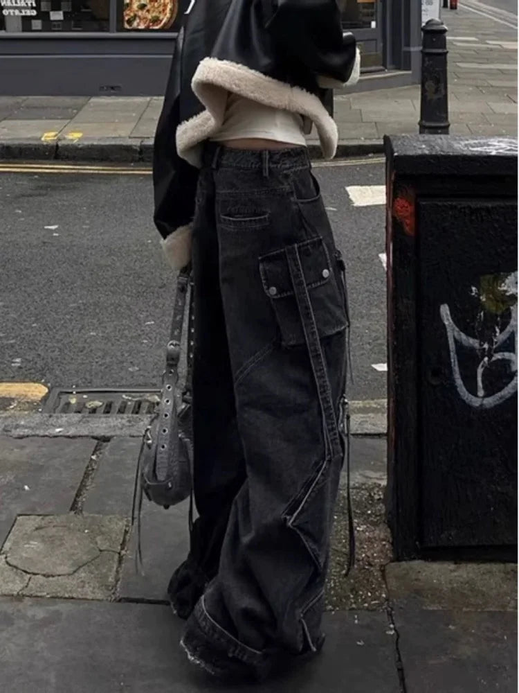 2025 Y2K Punk Streetwear Baggy Cargo Jeans – Washed Black Wide-Leg Pants for Women
