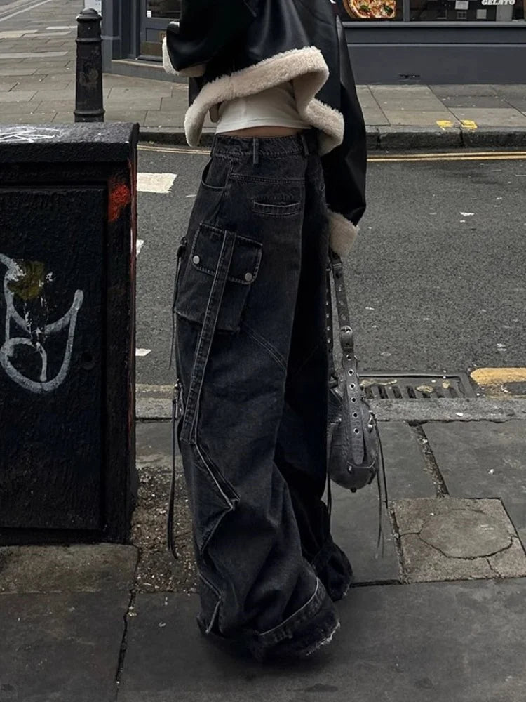 2025 Y2K Punk Streetwear Baggy Cargo Jeans – Washed Black Wide-Leg Pants for Women