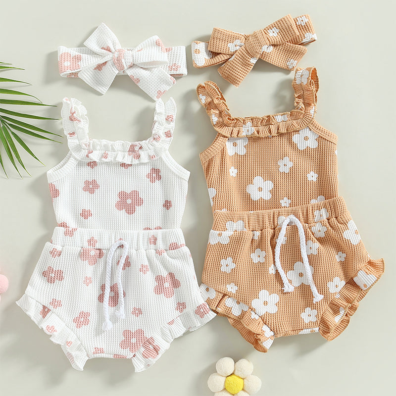 Baby Girl 3-Piece Summer Outfit – Floral Sleeveless Romper + Shorts + Headband (0–18 Months)