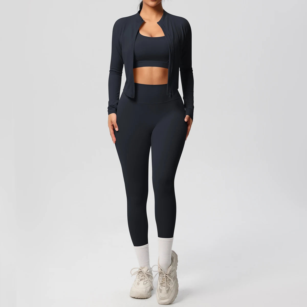 3-Piece Women's Sportswear Yoga Set – Zipper Jacket, Sports Bra & Leggings