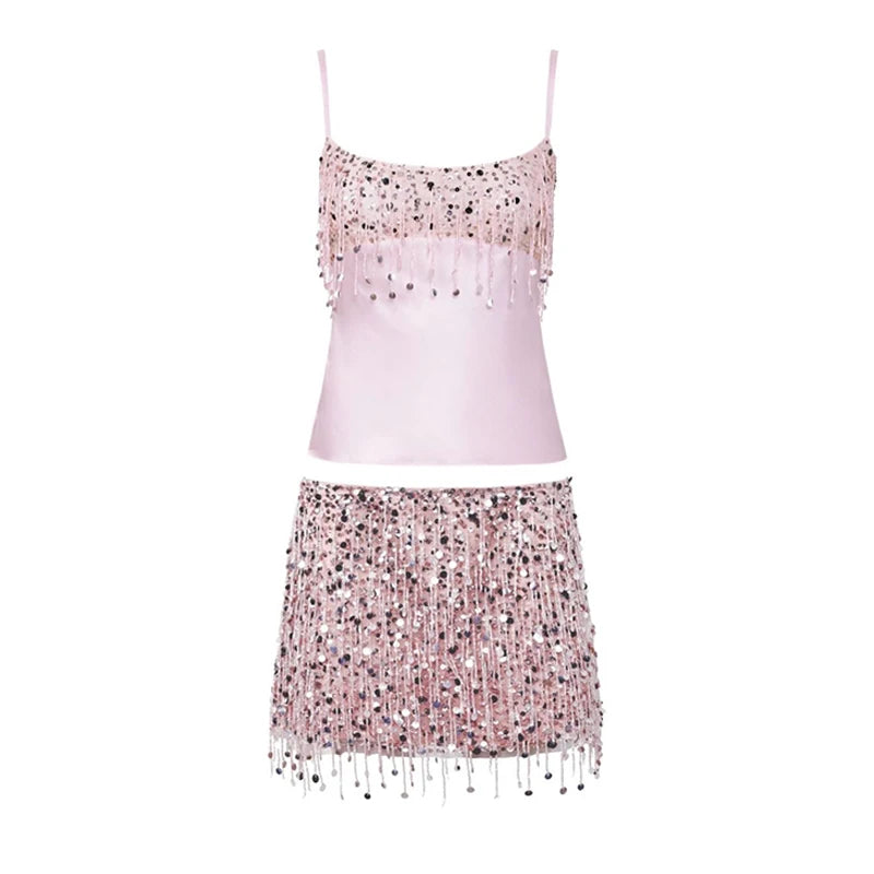 2025 Spring Summer Sexy Beach Tassel Skirt Set – Sequin Backless Sleeveless Ibiza Festival Outfit